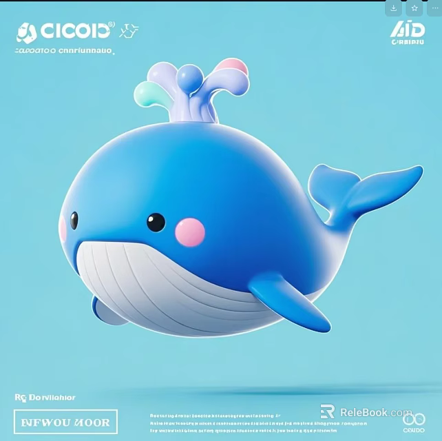 Cute Blue Cartoon Whale Game Character with Pink Cheeks and Water Splash Decoration on Head 3d model 