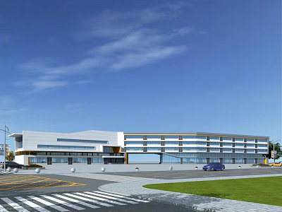 Modern Office Building Exterior With Glass Curtain Wall Green Lawn And Parking Lot 3d model