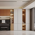 Modern Interior Design With Display Shelves Piano Decorative Items And Lighting 3d model