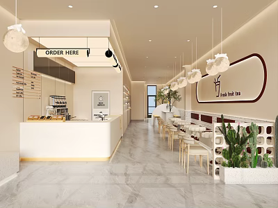 Bubble Tea Shop Modern Interior With Order Counter Hanging Lights Green Plants And Cozy Seating Area 3d model