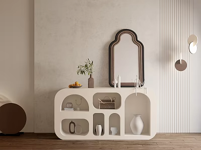 Stylish Entryway Console Table Side Cabinet With Open Shelves Decorative Vases Mirror And Textured Wall 3d model