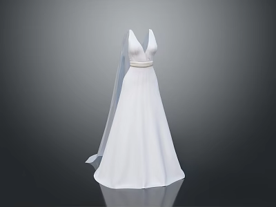 White V Neck Wedding Dress With Belt And Floor Length Skirt On Grey Background 3d model