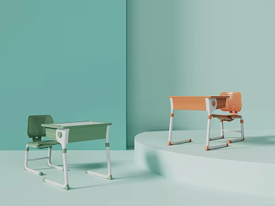 Modern School Classroom Interior With Green And Orange Desks And Chairs Setup 3d model
