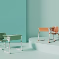 Modern School Classroom Interior With Green And Orange Desks And Chairs Setup 3d model