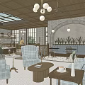 Commercial Street Interior With Two Floors Brick Walls Chandeliers Arched Doorways And Tables