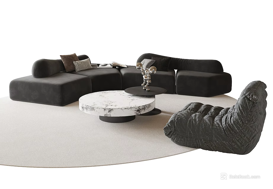 Modern Black Sofa And Round Marble Coffee Table Set With Accent Chair And Rug 3d model 