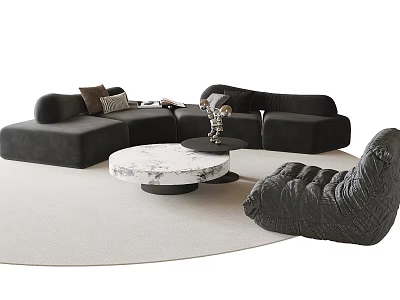Modern Black Sofa And Round Marble Coffee Table Set With Accent Chair And Rug 3d model