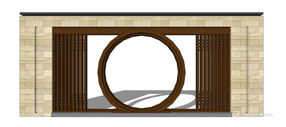 Chinese Style Landscape Wall With Circular Opening Wooden Lattice And Stone Top Design 3d model 