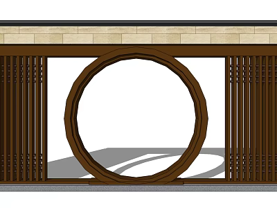 Chinese Style Landscape Wall With Circular Opening Wooden Lattice And Stone Top Design 3d model