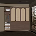 Modern Wooden Wardrobe With Arched Woven Doors Hanging Clothing And Woven Baskets