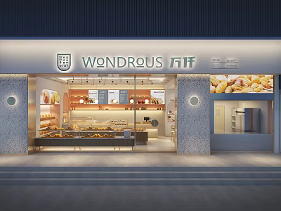 Modern Dessert Storefront With Glass Windows Display Cases Filled With Pastries Breads And Marble Walls 3d model