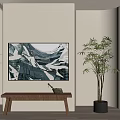 Interior Scene With Abstract Blue White Painting Wooden Bench And Green Plant