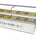 Food Display Shelf With Transparent Glass Doors And Golden Pastries On White Speckled Countertop