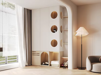 Modern Living Room Interior with White Cabinetry Circular Cutouts Floor Lamp and Sofa 3d model