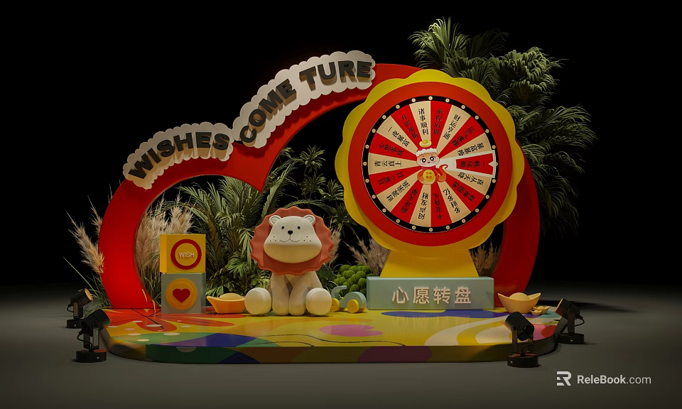 Activity Display Wall with Wishing Turntable Lion Doll Green Plants and Wishes Come True Archway 3d model 