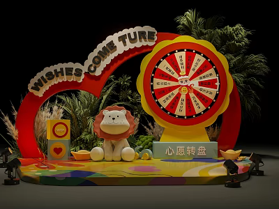 Activity Display Wall with Wishing Turntable Lion Doll Green Plants and Wishes Come True Archway 3d model
