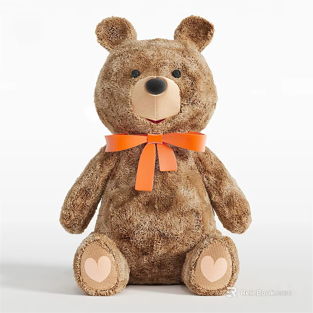 Cute Brown Plush Teddy Bear Toy With Orange Bow And Heart Shaped Paws 3d model 