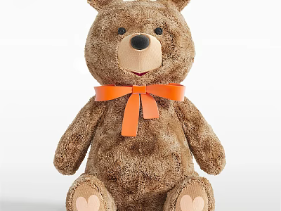 Cute Brown Plush Teddy Bear Toy With Orange Bow And Heart Shaped Paws 3d model