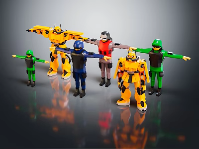 Colorful Robot And Soldier Toy Figures Stretching Arms In Different Colors 3d model
