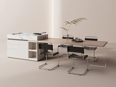 Modern Dining Table Set With Black Chairs Marble Countertop Cabinet And Green Plant 3d model