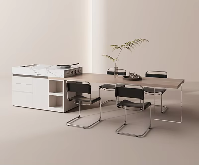 Modern Dining Table Set With Black Chairs Marble Countertop Cabinet And Green Plant 3d model