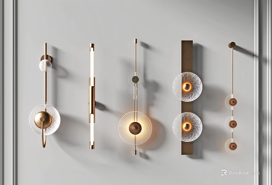 Modern Wall Sconces With Gold Finish Glass Shades And Geometric Design On White Wall 3d model 