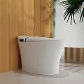 White Smart Toilet in Modern Bathroom with Yellow Curtain and Palm Leaves