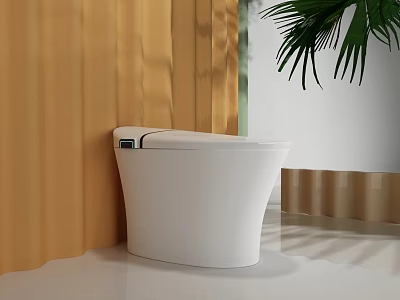 White Smart Toilet in Modern Bathroom with Yellow Curtain and Palm Leaves 3d model