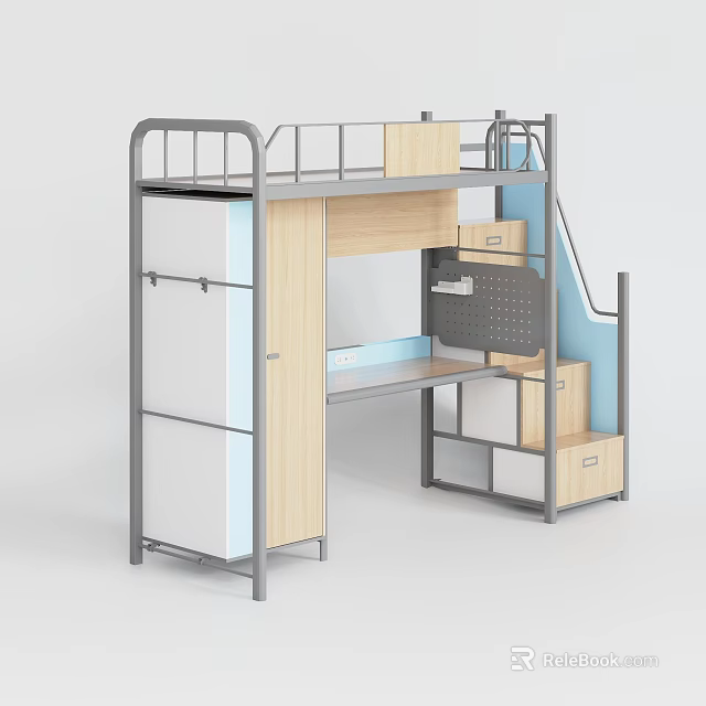 Modern Bunk Bed With Metal Frame Wooden Elements Study Desk And Storage Drawers 3d model