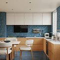 Modern Restaurant Interior With White Cabinets Blue Tile Walls Window Blinds And Dining Table