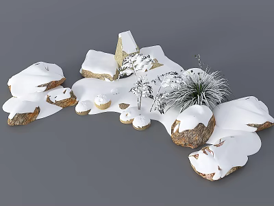 Winter Yard Garden With Snow Covered Stones And Small Pine Plants 3d model