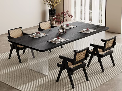 Modern Dining Room With Long Table Wicker Back Chairs Tableware Vase Flowers And Window Curtains 3d model