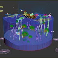 Cartoon Scene with Transparent Container Purple Water Small Boat Animals Water Plants Frog and Dragonfly