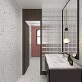 Modern Bathroom Interior Design With Pink Wall White Spotted Tiles And Glass Block Wall