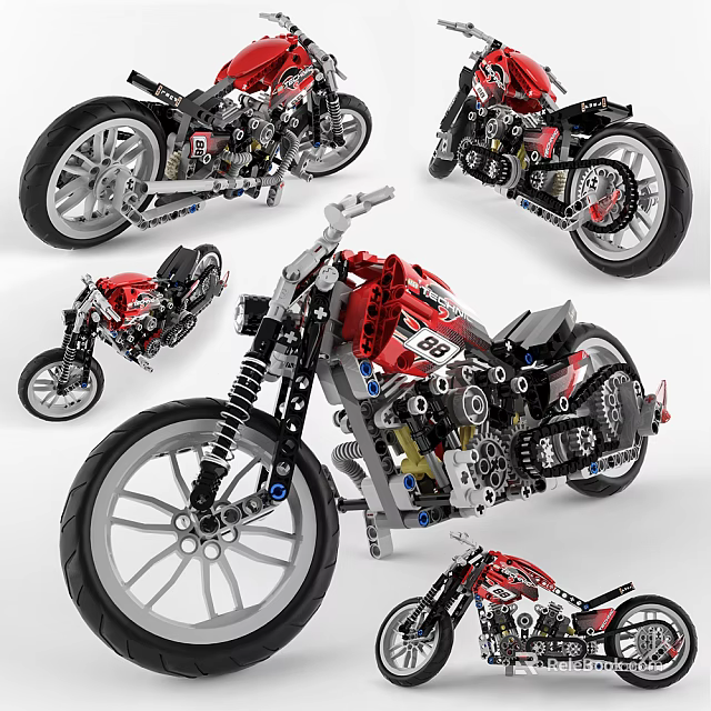 Red LEGO Motorcycle Model With Detailed Mechanical Parts And Wheels 3d model 