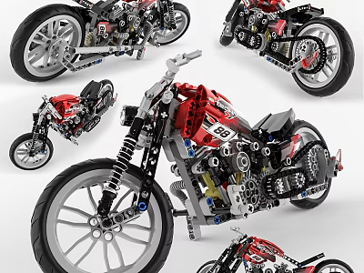 Red LEGO Motorcycle Model With Detailed Mechanical Parts And Wheels 3d model