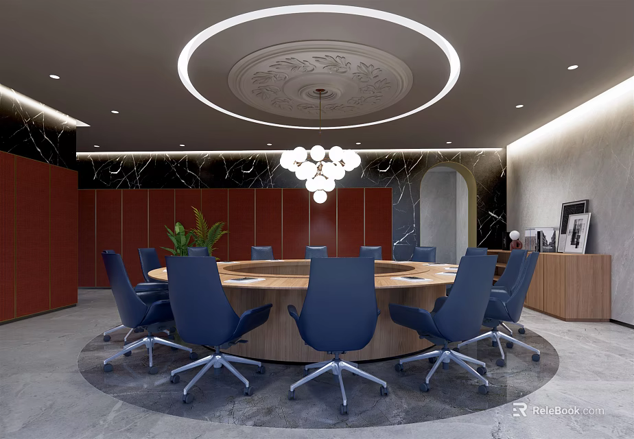 Modern Conference Room With Round Table Blue Chairs Circular Chandelier And Red Walls 3d model 