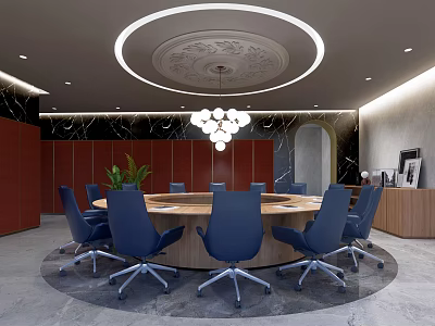 Modern Conference Room With Round Table Blue Chairs Circular Chandelier And Red Walls 3d model