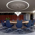 Modern Conference Room With Round Table Blue Chairs Circular Chandelier And Red Walls