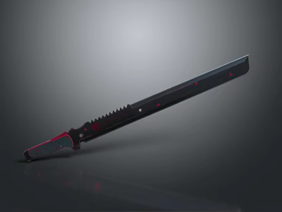 Black And Red Long Blade Weapon Featuring Serrated Edge And Red Handle Accents 3d model