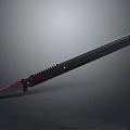 Black And Red Long Blade Weapon Featuring Serrated Edge And Red Handle Accents