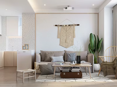 Modern Living Room With Gray Sofa Coffee Table Macramé Wall Hanging And Green Plant 3d model