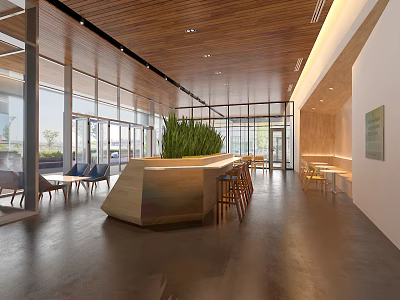 Modern Lounge Area Interior With Open Layout Comfortable Seats Green Plants And Bar Counter 3d model