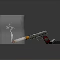 Silver Pistol With Smoking Cigarette And Red Component On Dark Background 3d model