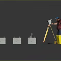 Precast Concrete Blocks On Construction Site With Surveying Equipment Tripod And Worker