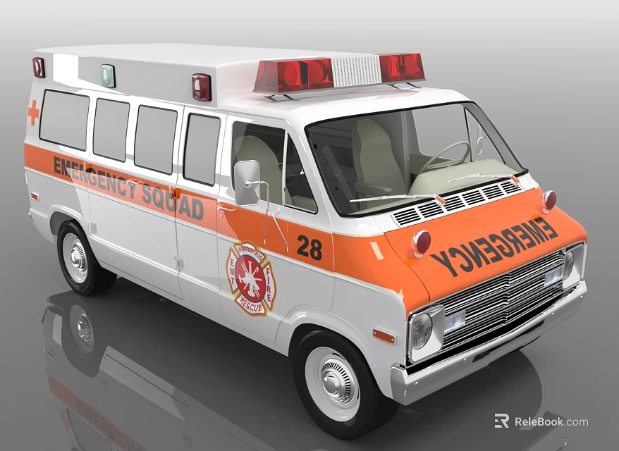 White and Orange Emergency Ambulance Van With Red Lights Emergency Squad Sign and Number 28 3d model 