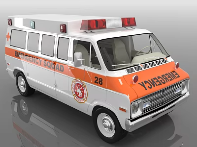 White and Orange Emergency Ambulance Van With Red Lights Emergency Squad Sign and Number 28 3d model