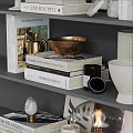 Decorative Ornament Set On Layered Shelves With Stacked Books Golden Bowl White Vases Marble Accents Lamp Picture Frame