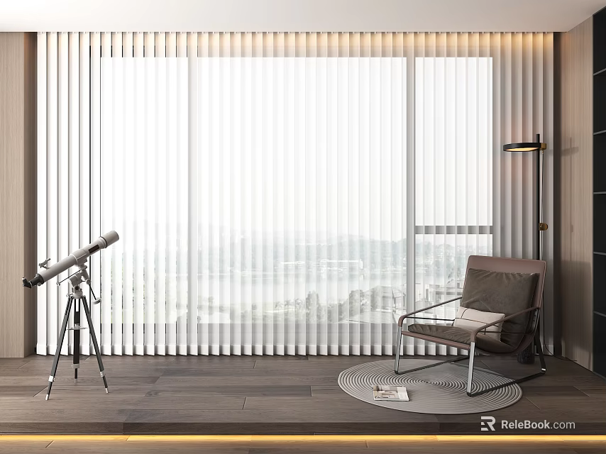 Vertical Blinds Modern Interior With Large Windows City View And Leisure Chair 3d model 