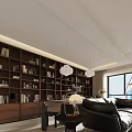 Modern Living Dining Room Interior Design With Black Leather Sofa Bookshelf Pendant Lights And Green Plants